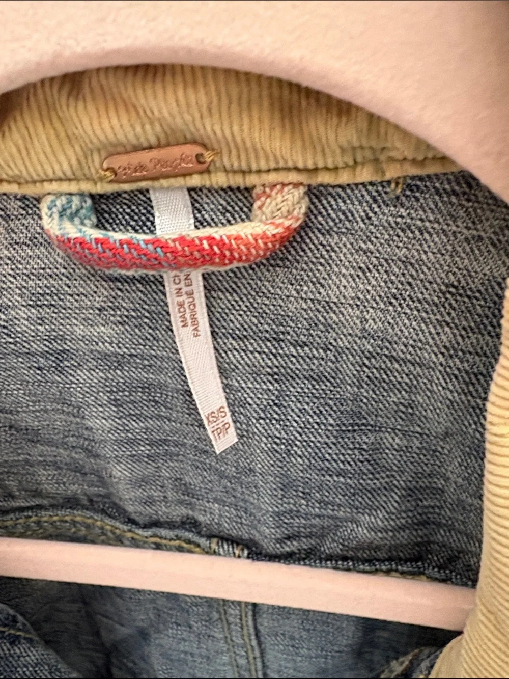 Free People Blue Denim Jacket with Tan Collar and Multicolor Plaid Hem - Picture 2 of 9
